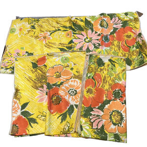 Vintage Floral Fabric Napkins Set of 4 Orange Yellow Mod Retro 17x17" Bright